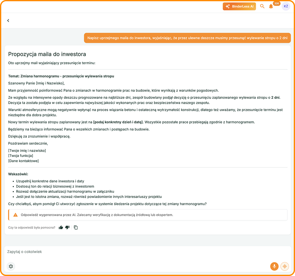 Przykład promptu z propozycja maila do inwestora wygenerowaną przez cyfrowego asystenta