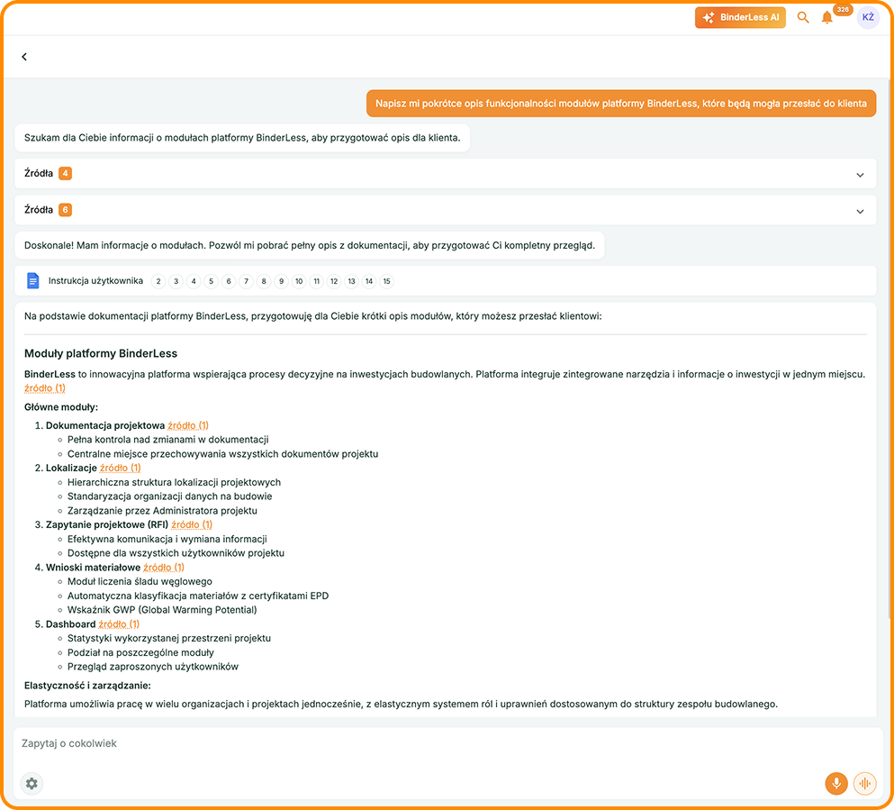 Prompt do cyfrowego asystenta o opisanie modułów platformy BinderLess