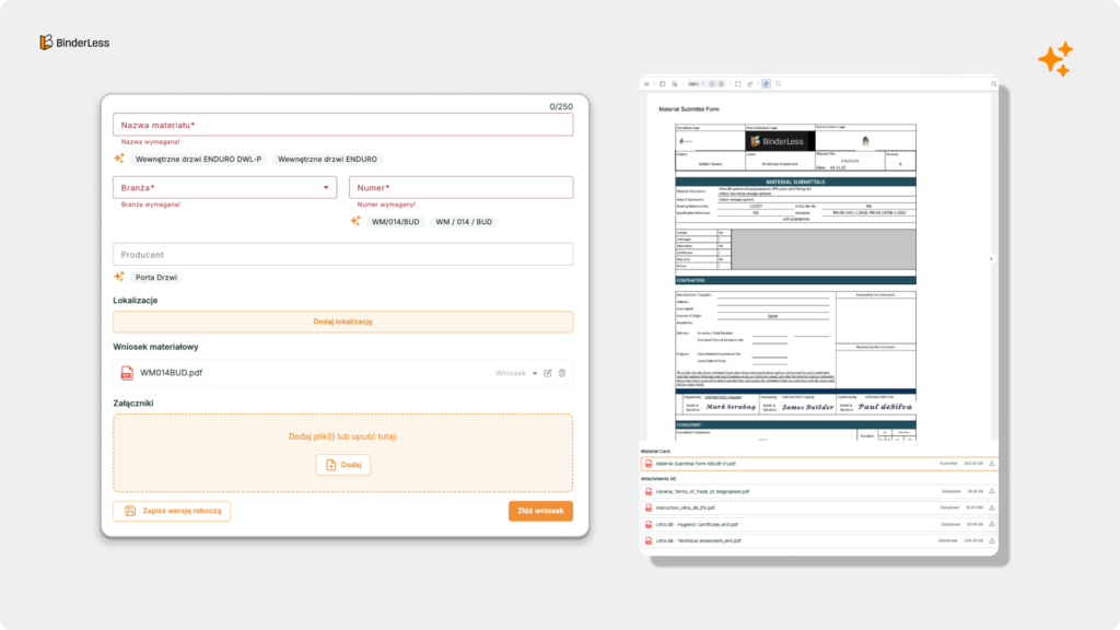 Formularz wniosku materiałowego w platformie BinderLess — wypełnianie danych materiału z automatycznymi podpowiedziami AI i dołączaniem załączników