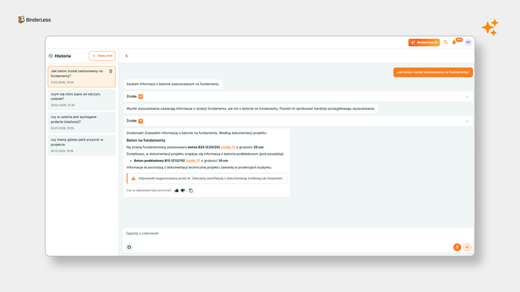 Czat 2 Interfejs Agenta AI BinderLess z odpowiedzią na pytanie o beton zastosowany na fundamenty – Agent znalazł w dokumentacji projektowej informacje o betonie B25 C20/25 o grubości 25 cm z cytowanym źródłem, widoczna historia poprzednich rozmów w lewym panelu oraz przyciski głosowe.