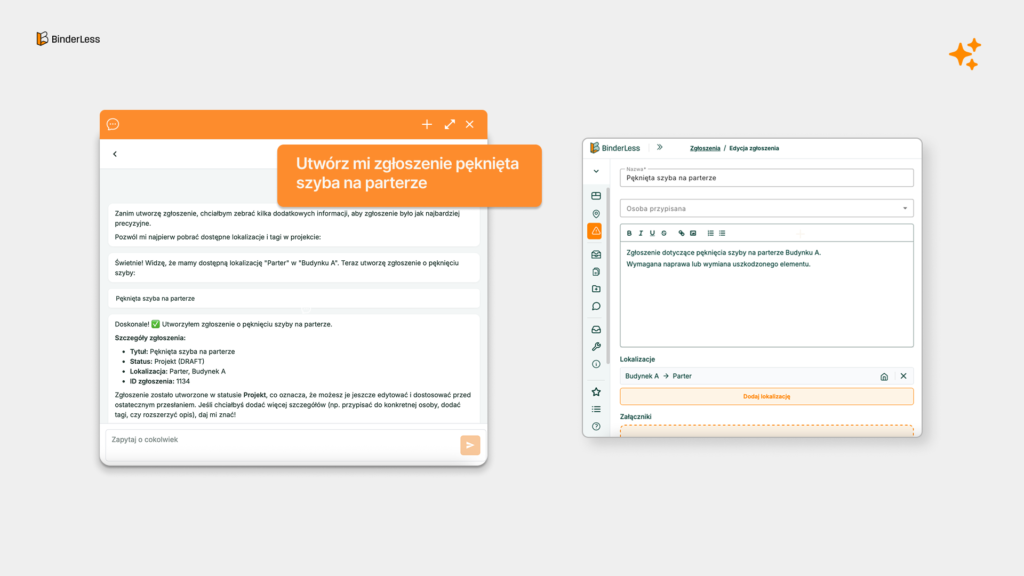Tworzenie zgłoszenia Agent AI BinderLess autonomicznie tworzy zgłoszenie usterki "Pęknięta szyba na parterze" w platformie CDE – widok rozmowy z Agentem po lewej i automatycznie wypełniony formularz zgłoszenia z lokalizacją Budynek A, Parter po prawej.