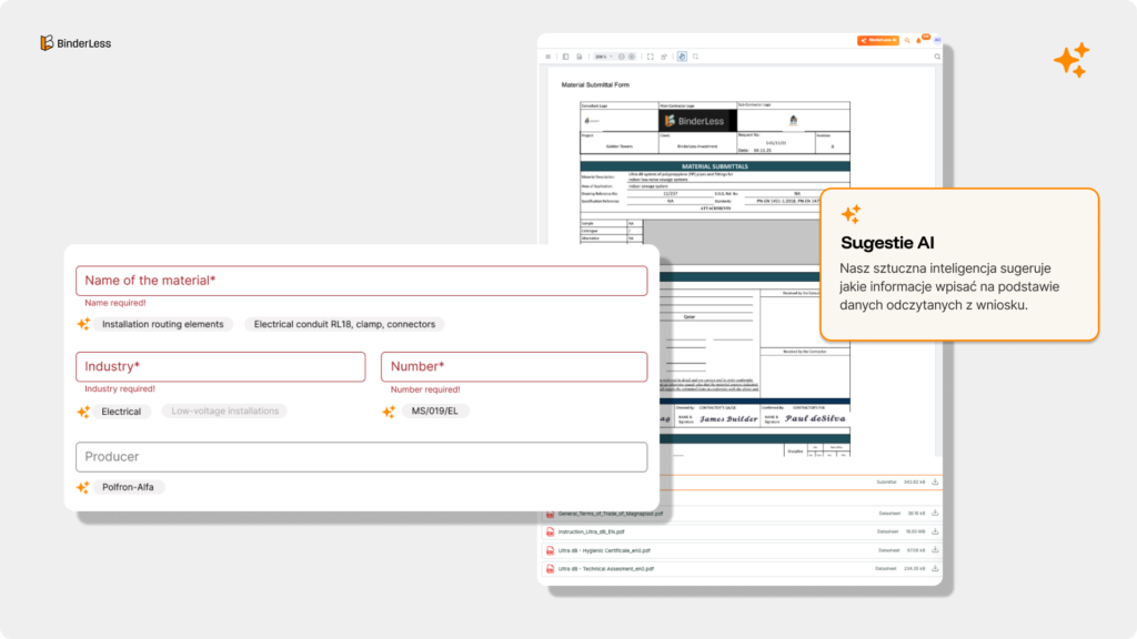 Wniosek materiałowy w platformie CDE BinderLess — formularz z podpowiedziami AI: sugerowana nazwa materiału, branża, numer wniosku i producent na podstawie załączonej karty materiałowej PDF