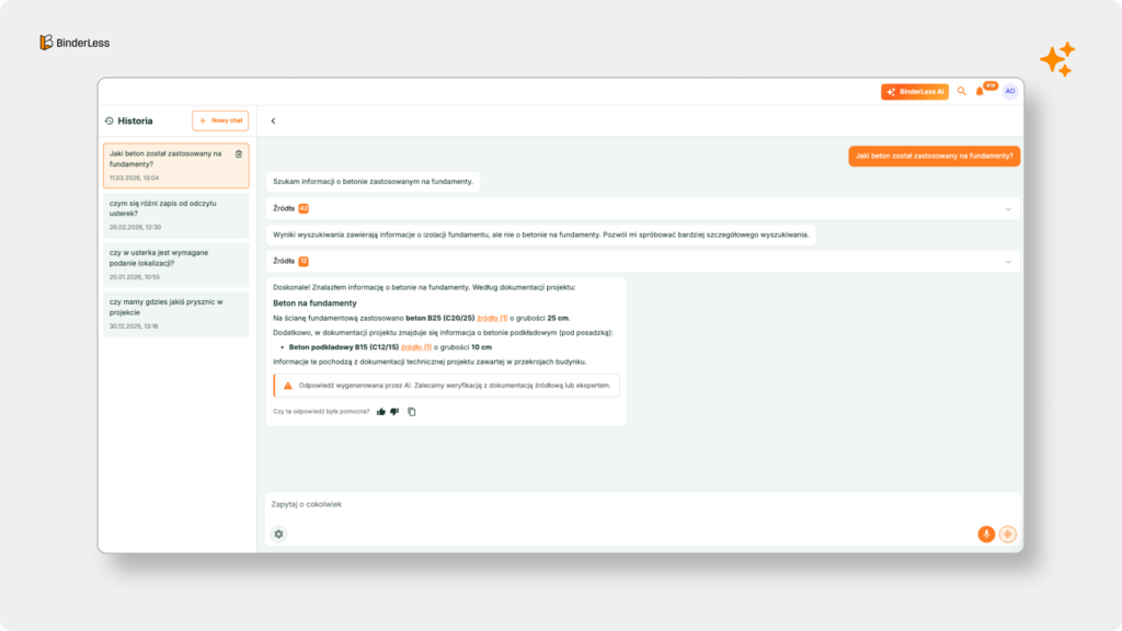 Agent AI w platformie CDE BinderLess — czat z dokumentacją budowlaną: odpowiedź na pytanie o beton B25 C20/25 na fundamenty, z podanym źródłem w dokumentacji projektowej