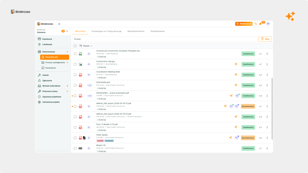 Platforma CDE BinderLess — dashboard dokumentacji budowlanej z listą plików, wersjami dokumentów (v.1–v.5), statusami zatwierdzeń i menu modułów: usterki, zgłoszenia, wnioski materiałowe
